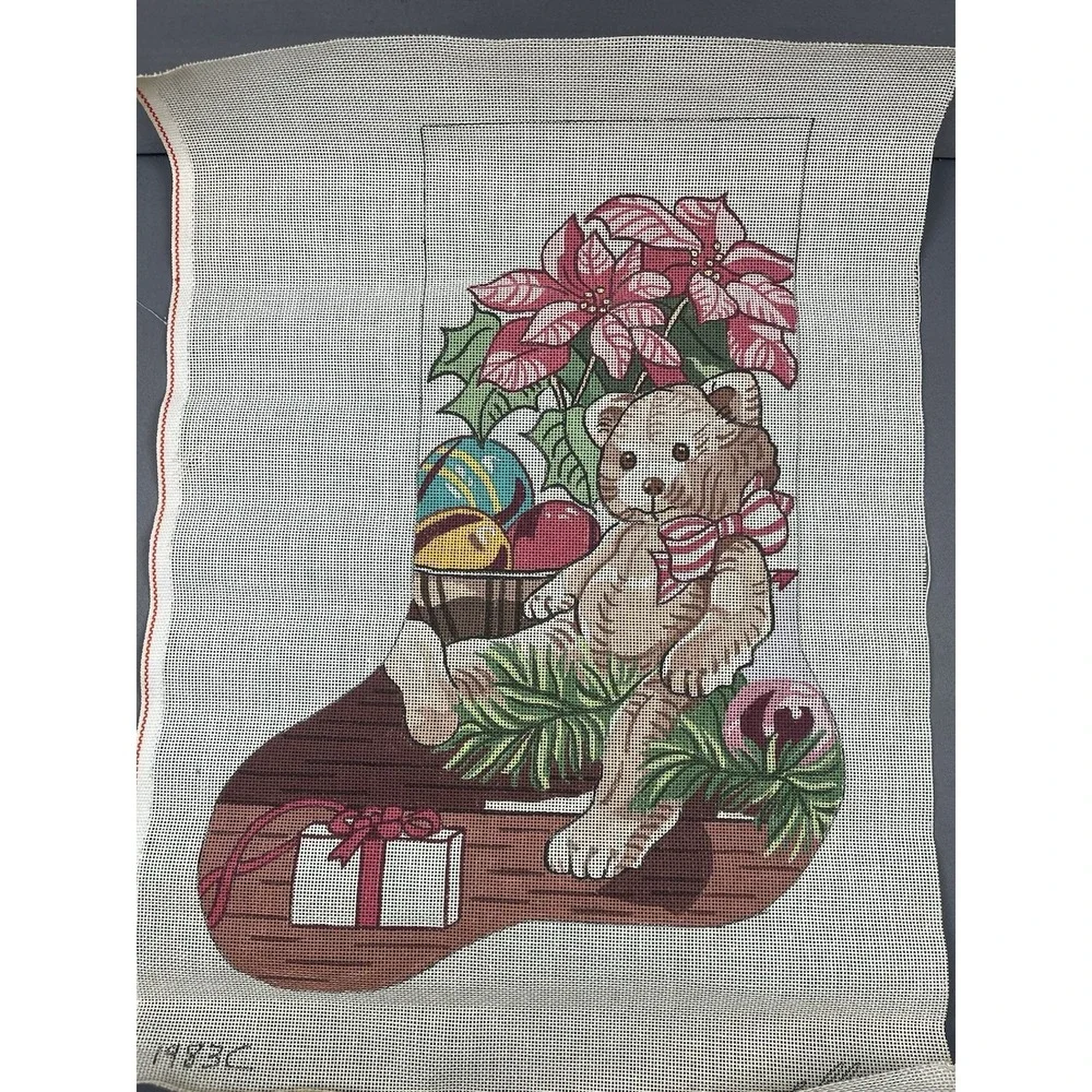 Ellie Hand Painted Needlepoint Canvas * Christmas Stocking Poinsettia Bear Plush